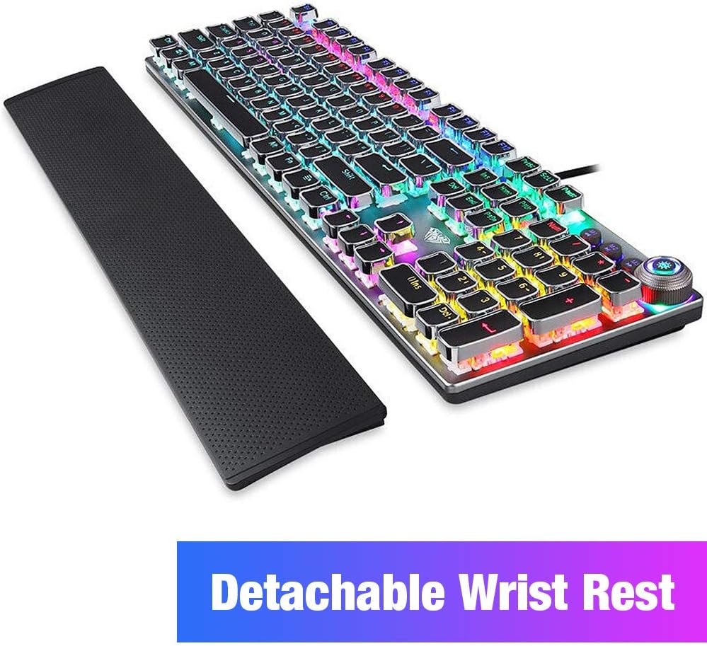 F2058 Blue Switch Wired 104 Keys Full Sized Mechanical Gaming Keyboard with Removable Magnetic Wrist Rest