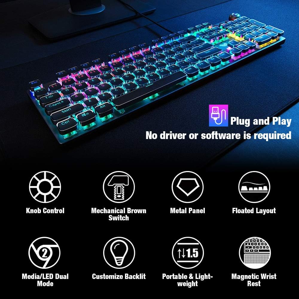 F2058 Blue Switch Wired 104 Keys Full Sized Mechanical Gaming Keyboard with Removable Magnetic Wrist Rest