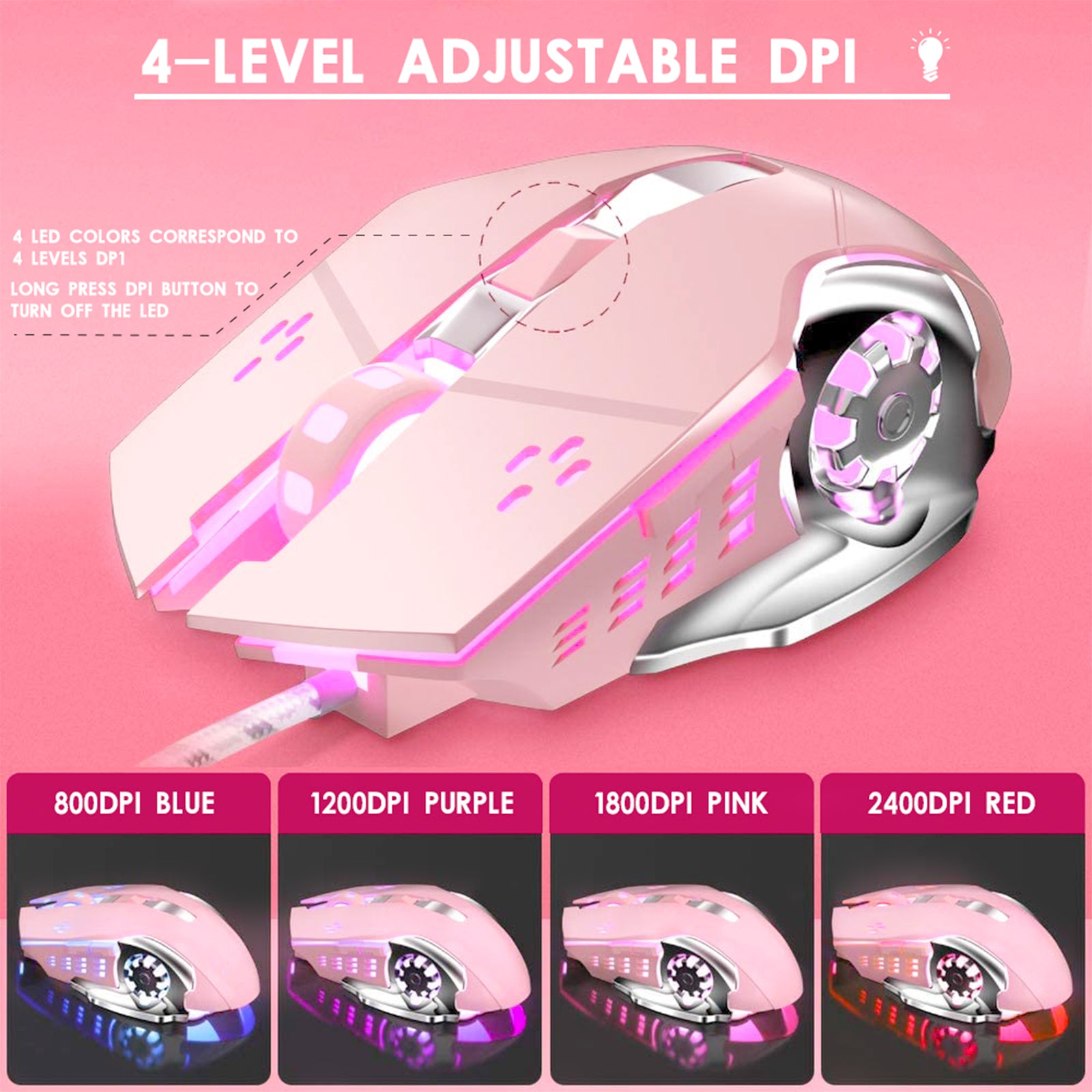 6 Buttons for Desktop Laptop Mac PC Gaming Wired Mouse with 4 Colors LED Backlit