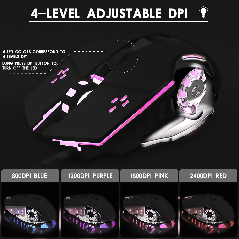 6 Buttons for Desktop Laptop Mac PC Gaming Wired Mouse with 4 Colors LED Backlit