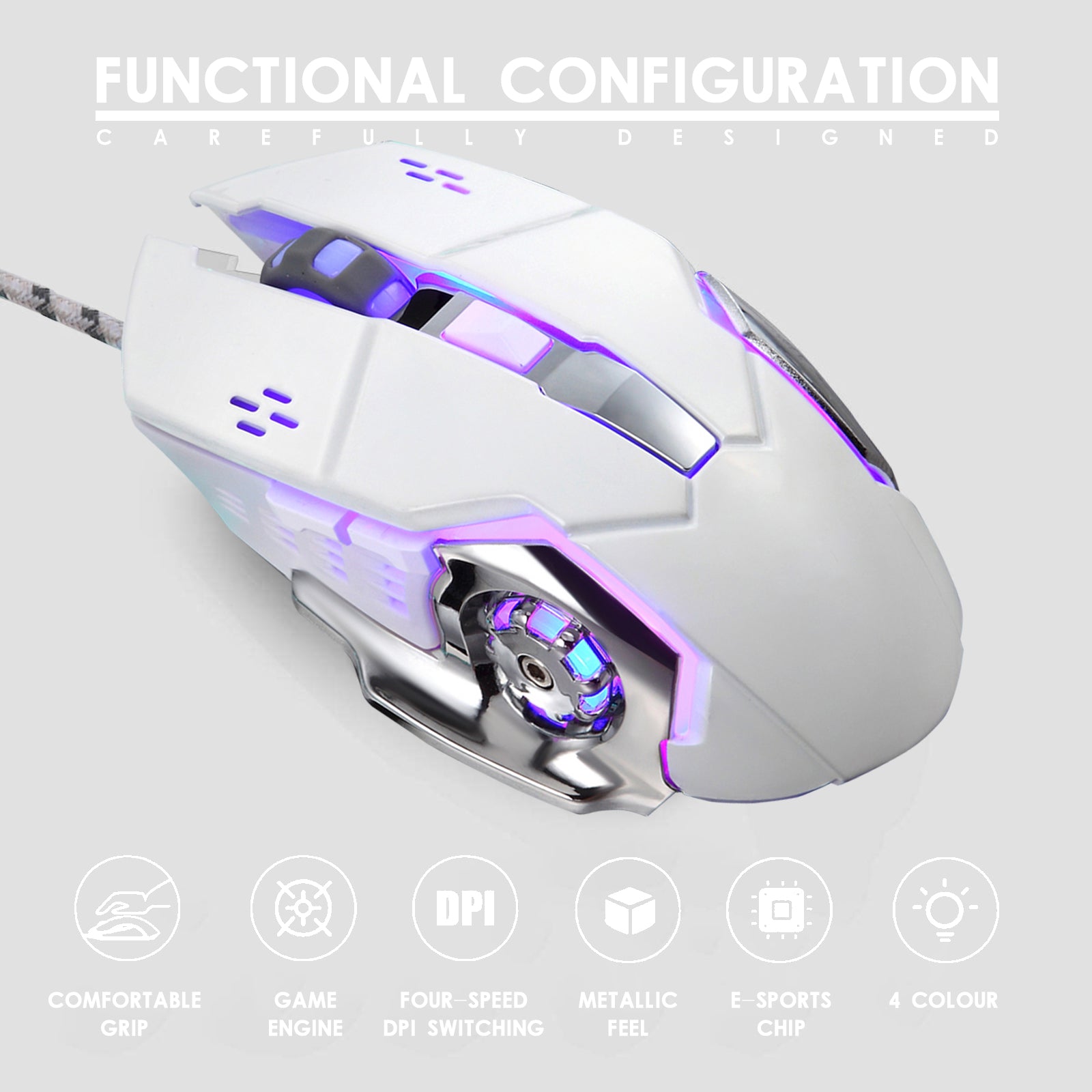 6 Buttons for Desktop Laptop Mac PC Gaming Wired Mouse with 4 Colors LED Backlit