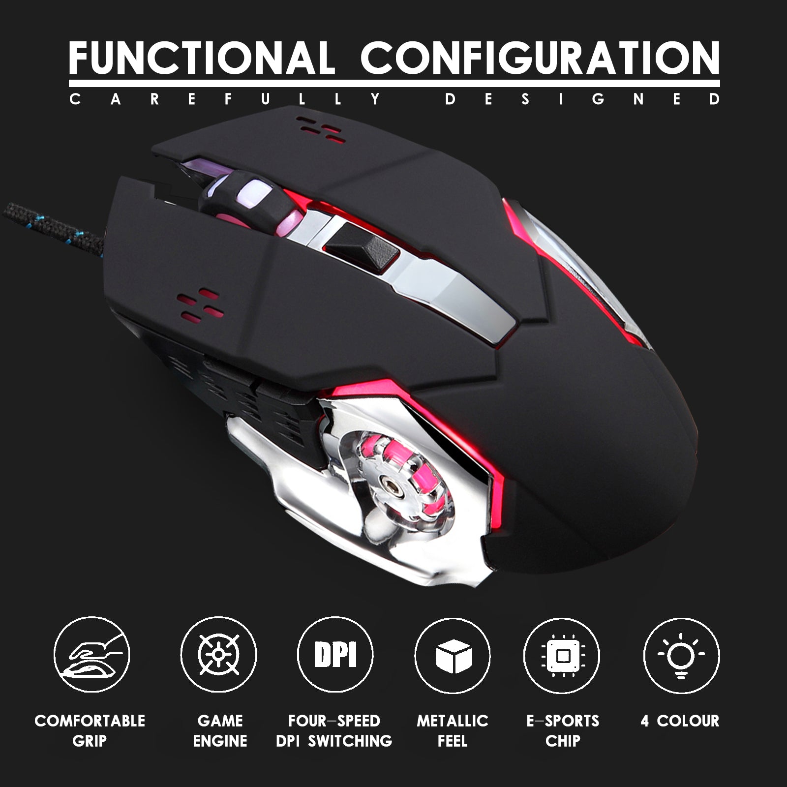 6 Buttons for Desktop Laptop Mac PC Gaming Wired Mouse with 4 Colors LED Backlit