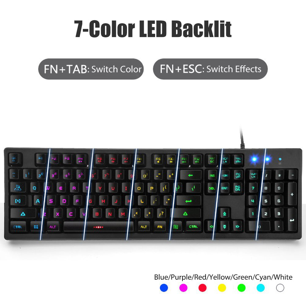 K60-Series 104-Key Full Sized Wired Membrane Keyboard with 3 Color Options and  7-Color Illuminated Backlit